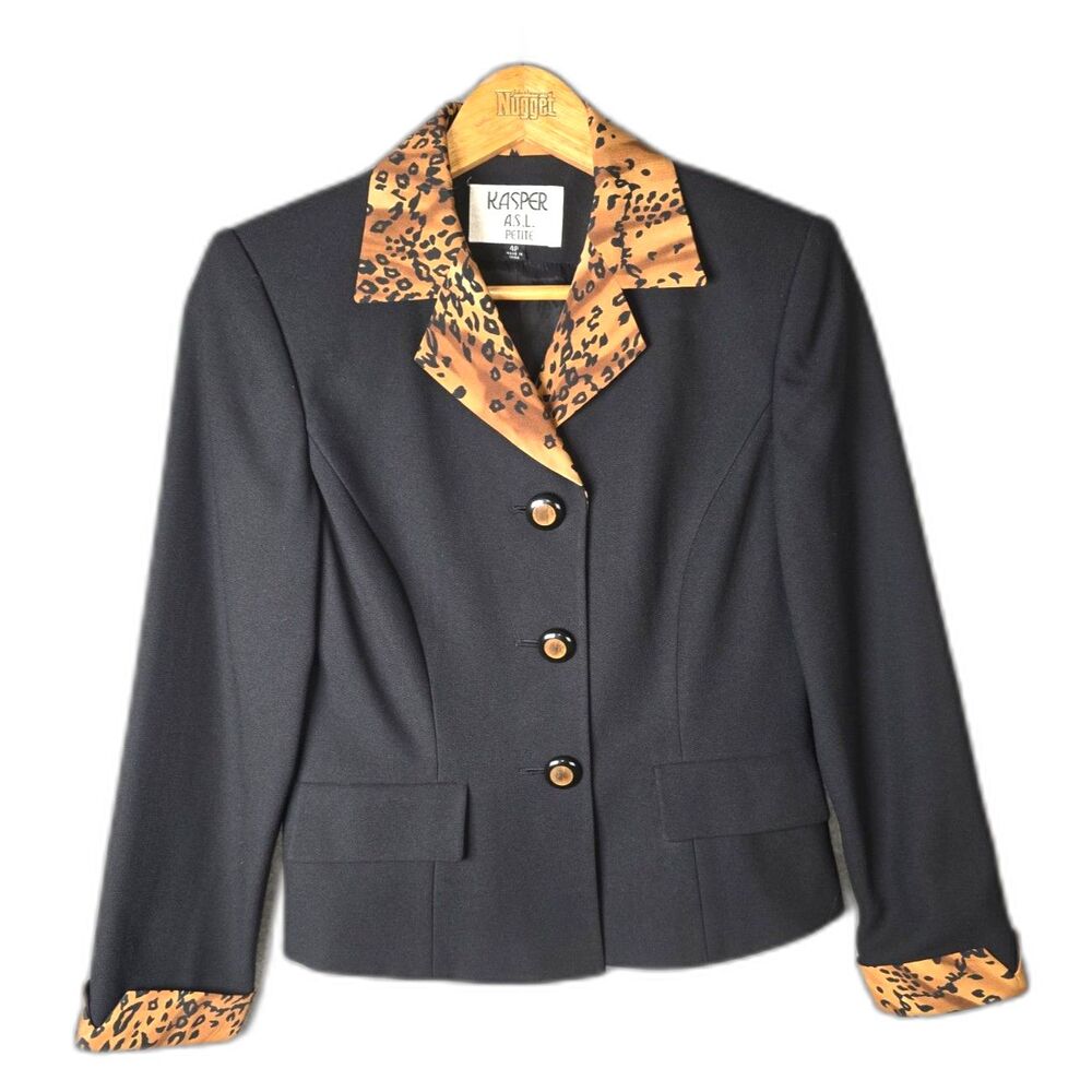 Vintage Kasper ASL Petite Black Blazer 4P Leopard Trim Contrast Buttons Tailored
